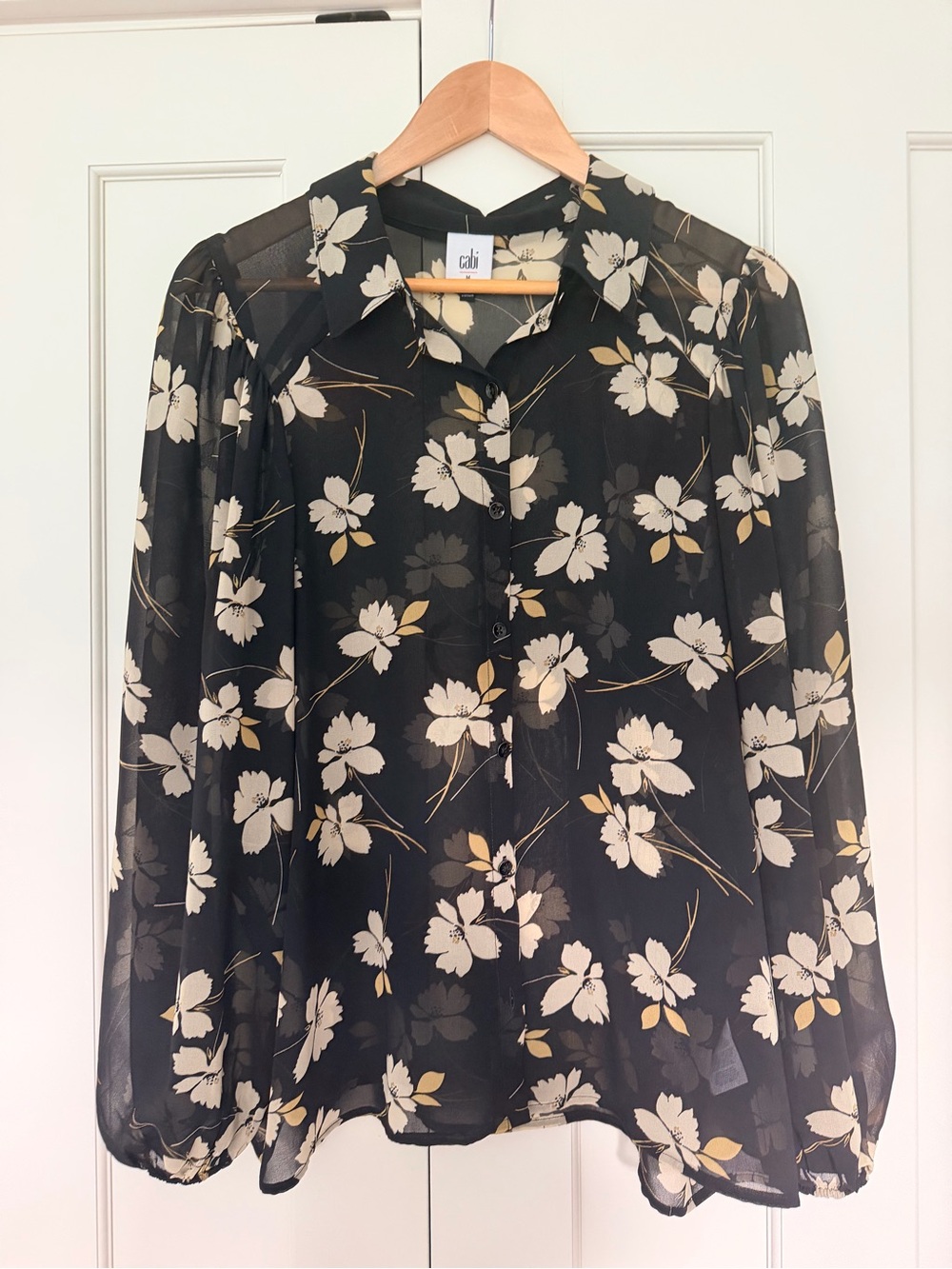CAbi Black Floral Button-Front Sheer Blouse